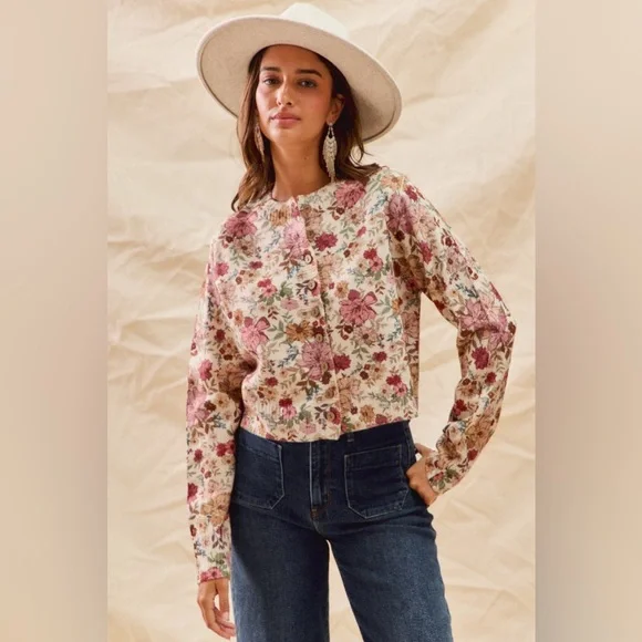 Clay Rose Floral Print western boho Button Down Cardigan Sweater tunic top - Picture 5 of 6